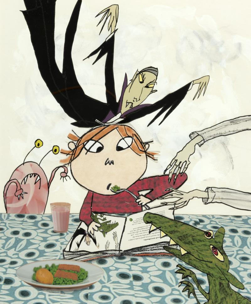 Illustration of child eating from book.