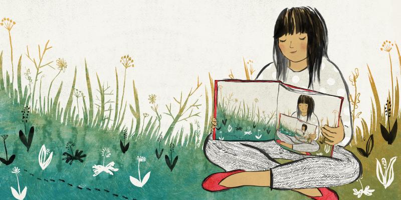 Illustration of girl holding book of herself holding book in recursive image.