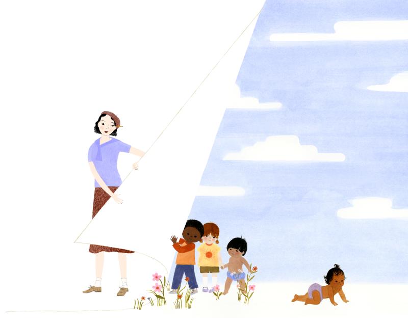 Illustration of woman peeling back page of artwork.