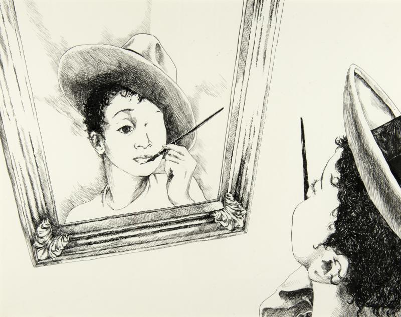 Illustration of child painting himself into canvas like mirror.