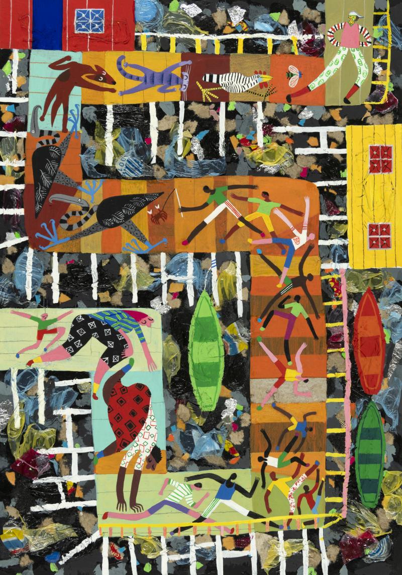Illustration of abstract shapes and people.