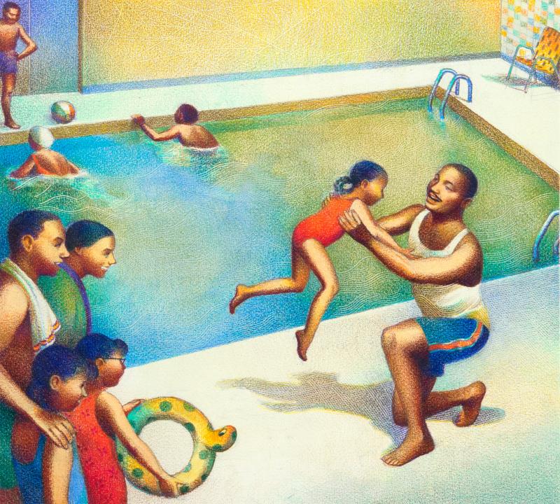Illustration of man and child swimming in pool.