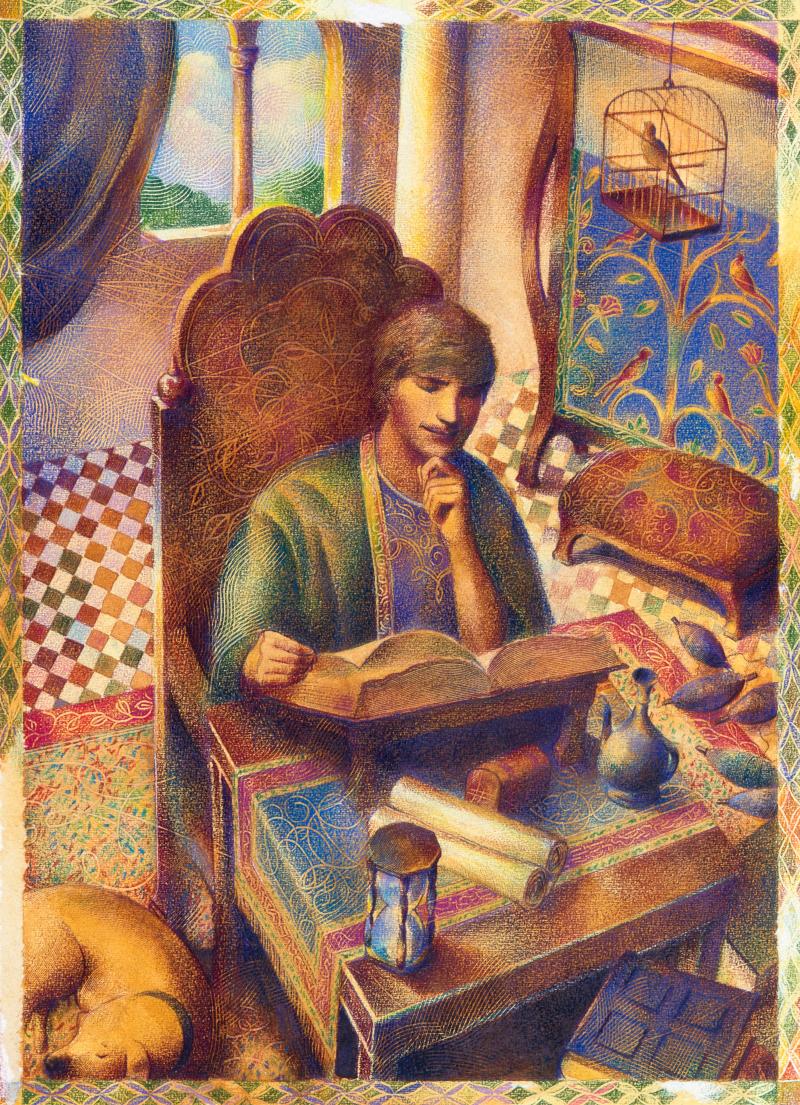 Illustration of man sitting at desk.