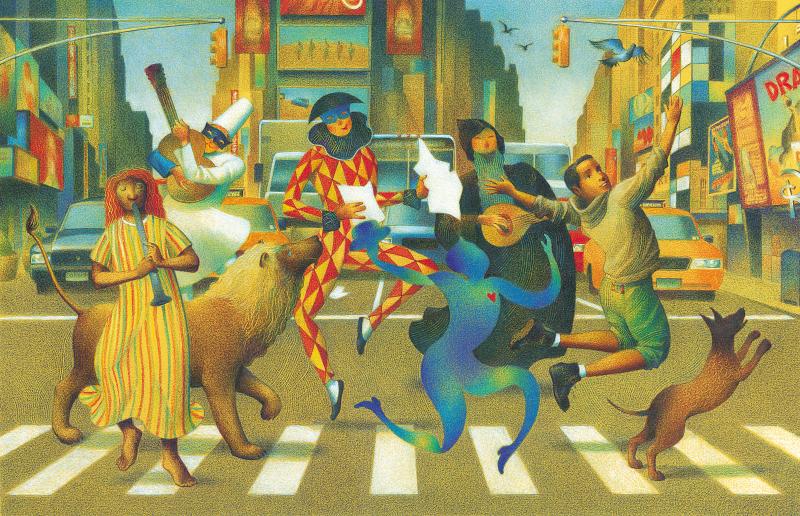 Illustration of people crossing the street.