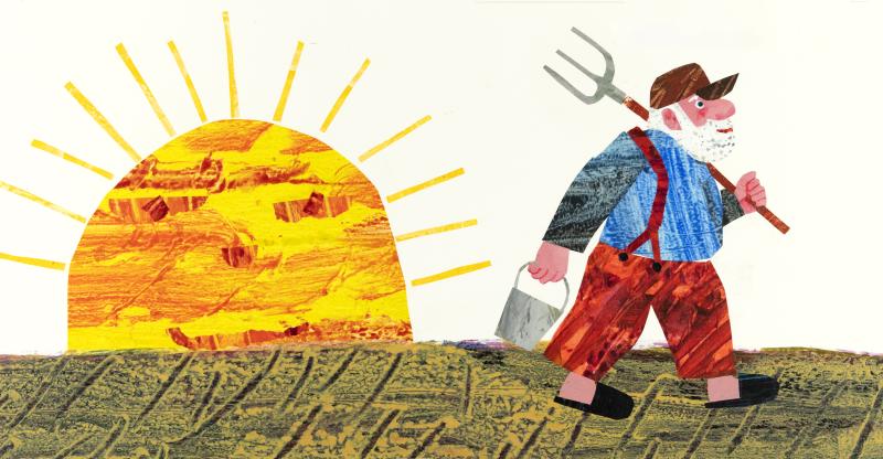 Illustration of Santa with farming tools.