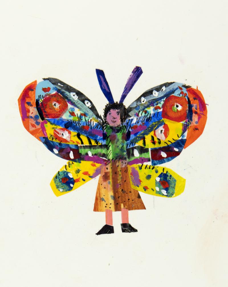Illustration of person dressed as butterfly.