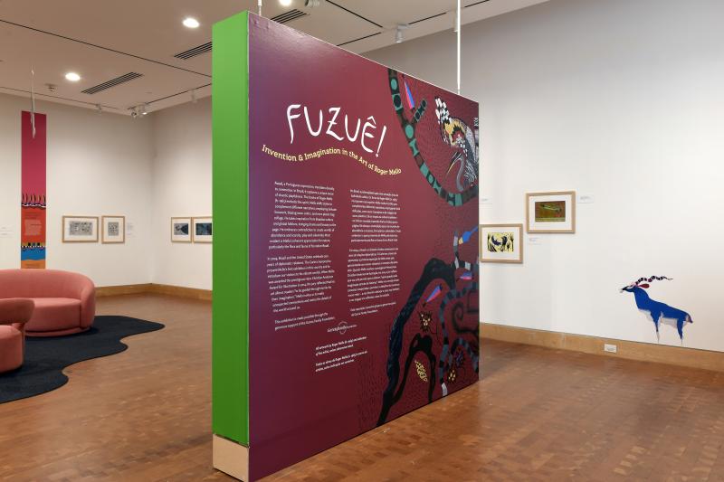 Photograph of gallery showing framed art and graphics.
