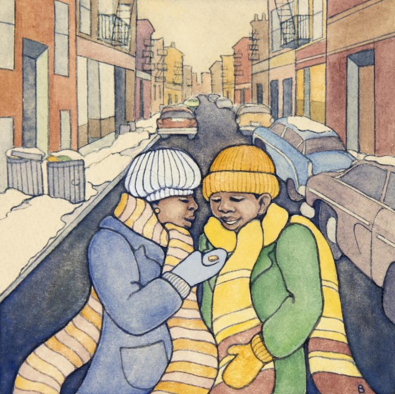 Illustration of two children talking.