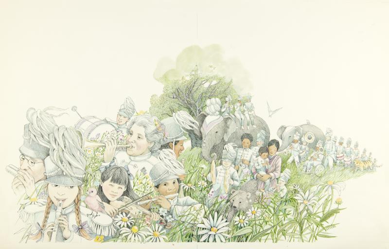 Illustration of faces in grass