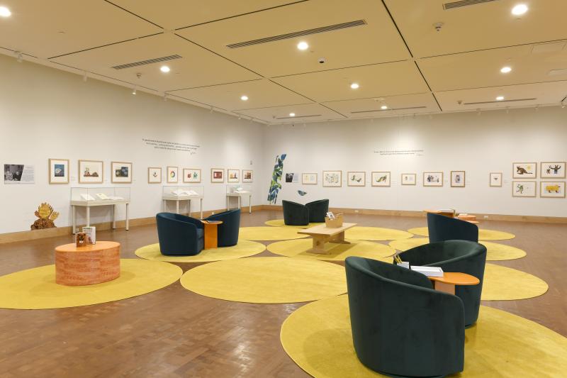 Photograph of gallery showing framed art and graphics.