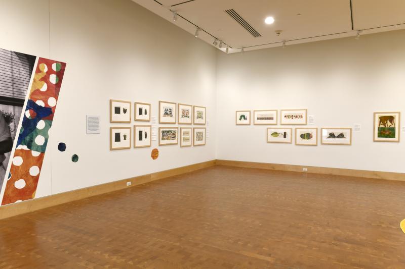 Photograph of gallery showing framed art and graphics.