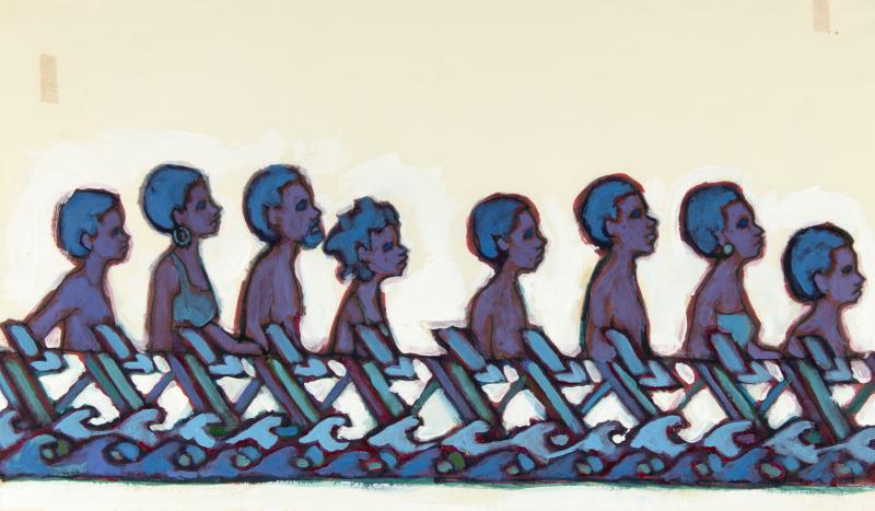 Illustration of purple people in a line.