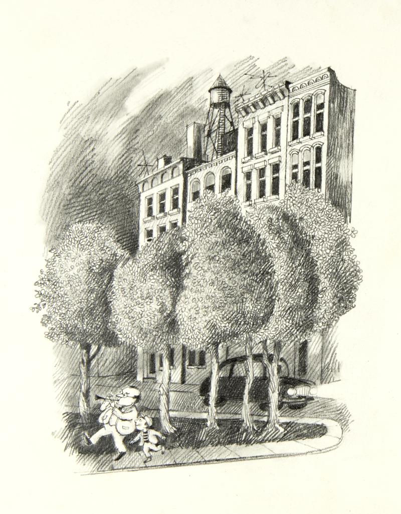 Illustration of person outside building.
