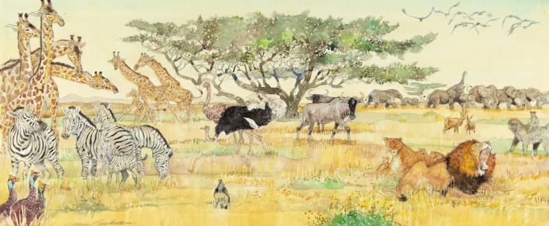 Illustration of animals in African landscape.