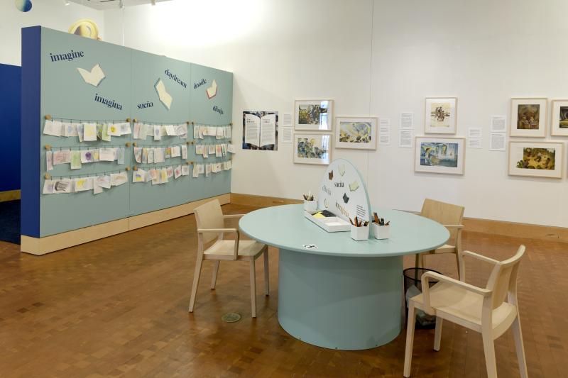 Photograph of gallery showing framed art and graphics.