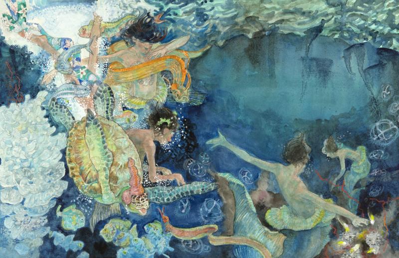 Illustration of mermaids underwater.