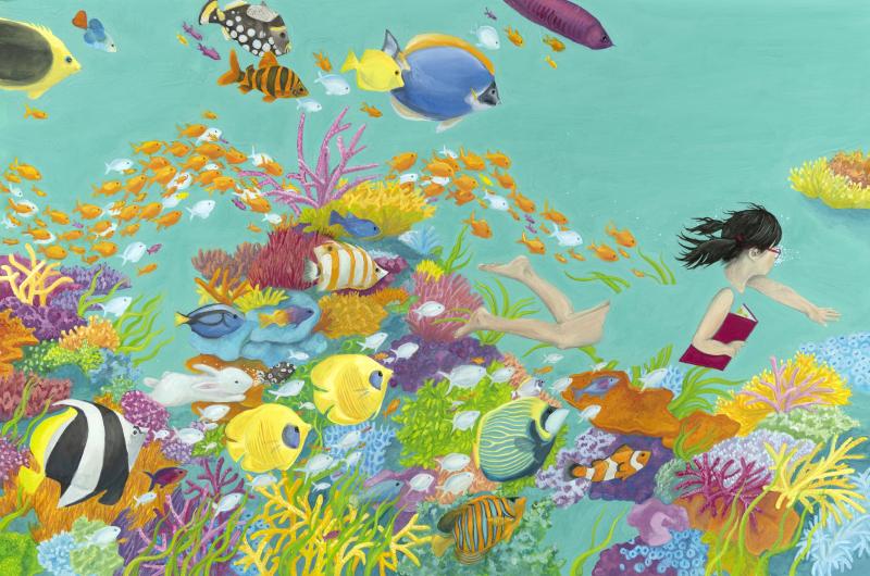 Illustration of girl swimming in reef.