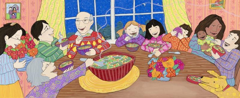 Illustration of people eating at table.