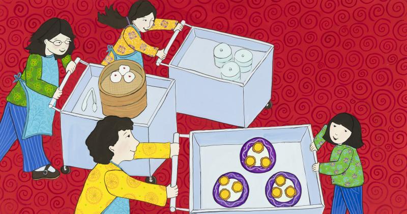 Illustration of food workers with carts.