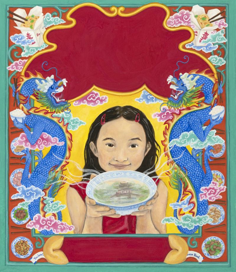 Illustration of girl holding soup bowl.