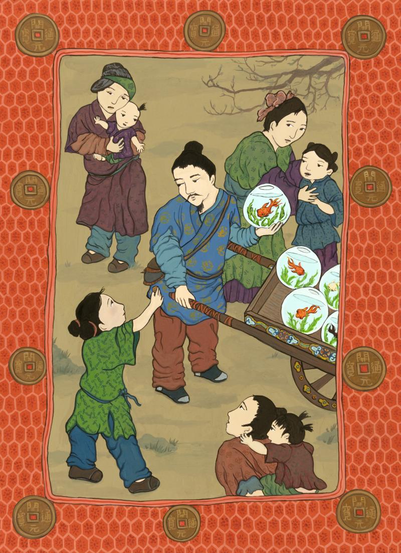 Illustration of man holding cart.