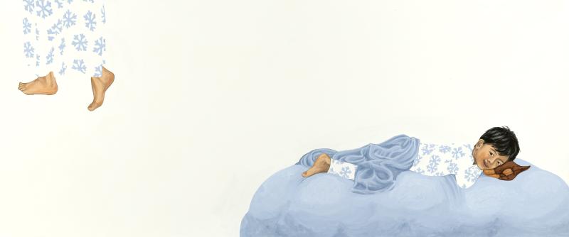 Illustration of child sleeping on cloud.