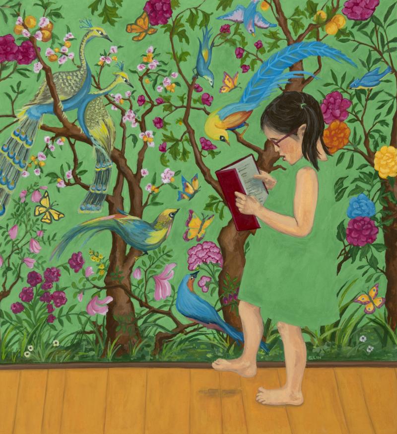 Illustration of girl reading book.