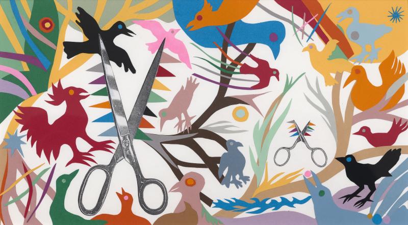 Illustration of birds and scissors.