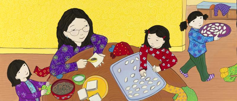 Illustration of family making dim sum.