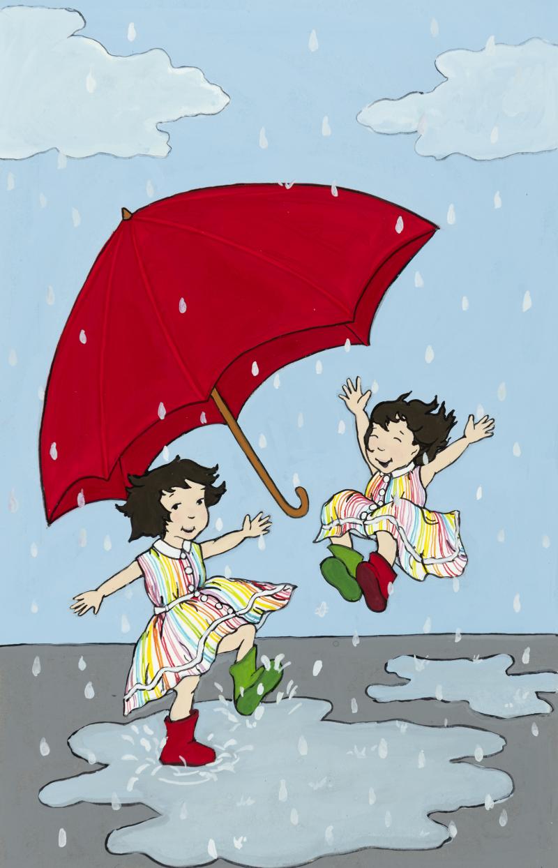 Illustration of kids playing in rain.