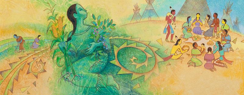 Illustration of figure in green next to gathering of indigenous people.