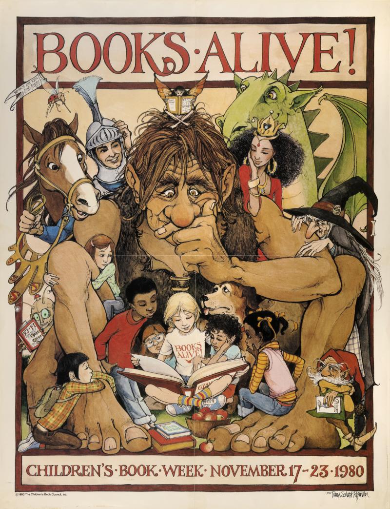 Illustration of monsters and knights and other creatures reading books together.