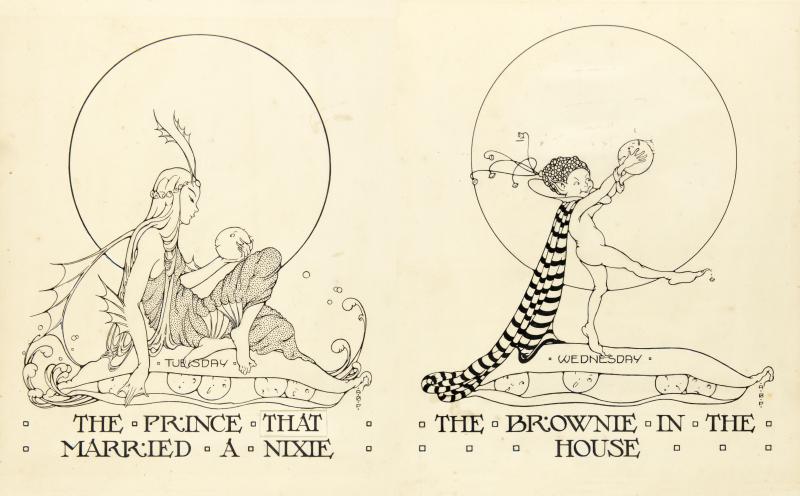 Illustration in black line of magical elf creatures.