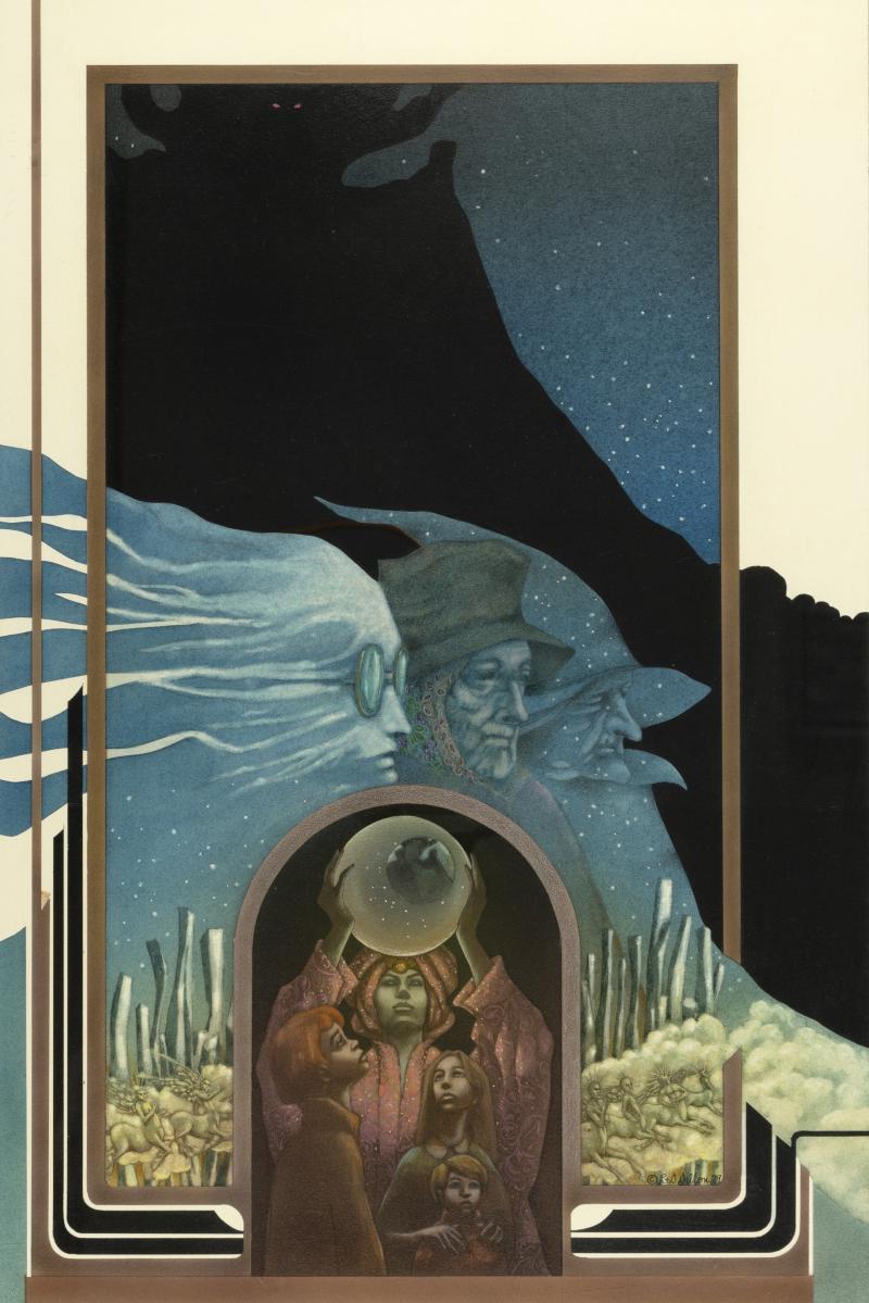 Illustration of ghostly figures and sorcerer holding up magic orb.