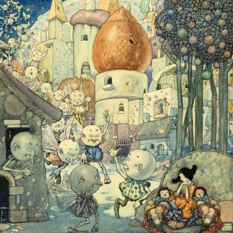 Illustration of magical village with domed buildings.