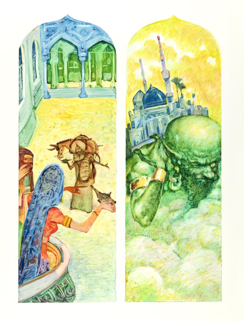 Illustration of genie out of bottle.