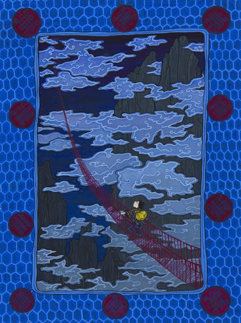 Illustration of person on bridge in clouds.