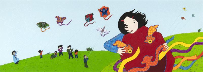 Illustration of girl flying kite.