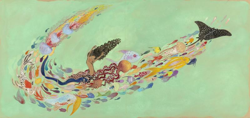 Illustration of mermaids in green-ish water