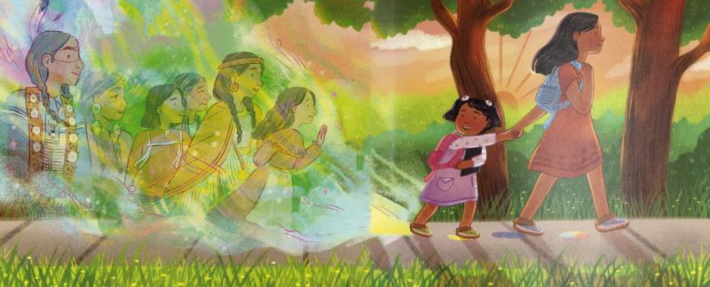 Girl walking with spirits behind