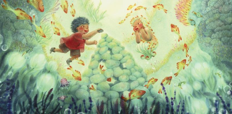 Illustration of child swimming with fish near reef.