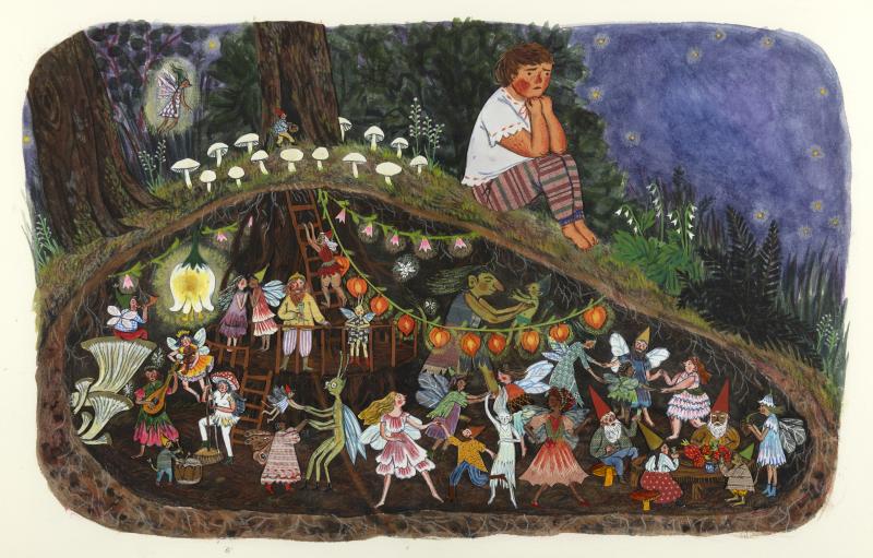 Illustration of gnomes under mushroom hill.