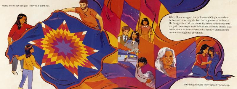 A boy and his parents hold the corners of a star quilt, admiring their creation. A closer view of the fabric reveals memories of ancestors living within it.