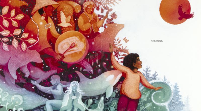 A girl dances with her arms stretched, mirroring the wings of a bird flying above. Community surrounds her as they play music, sing, and dance.