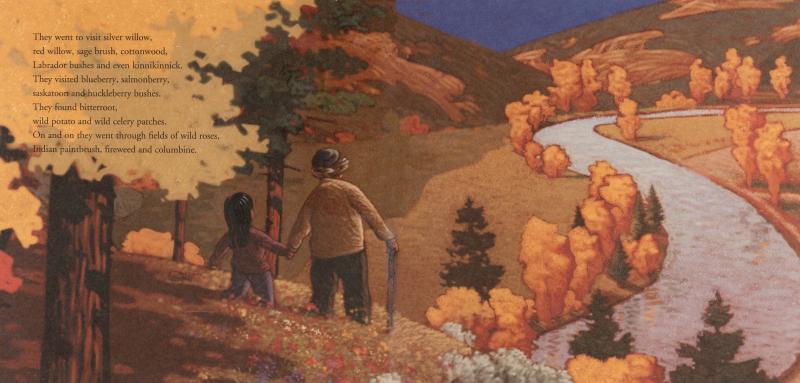 A girl and her grandmother hold hands walking down a hill. They overlook a winding river lined with trees and a meadow full of flowers.