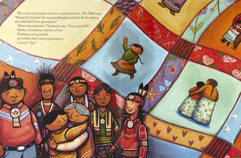 granddaughter and grandmother hug surrounded by uncles and cousins with quilt in the background