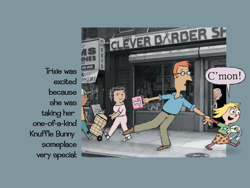 Image of dad being pulled away by child down busy street.