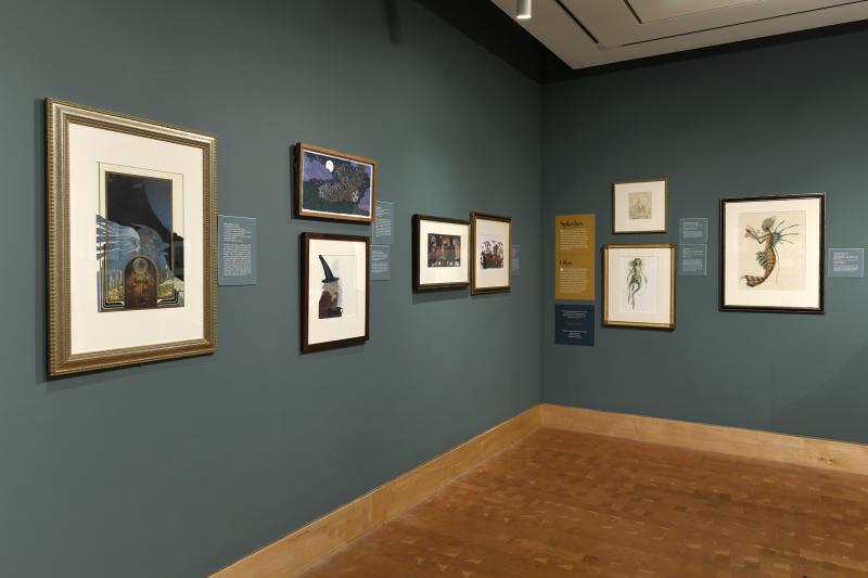 Photograph of gallery showing framed art and graphics.