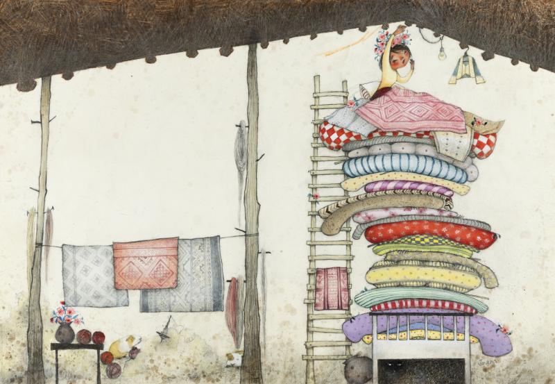 Illustration of child on huge stack of pillows.