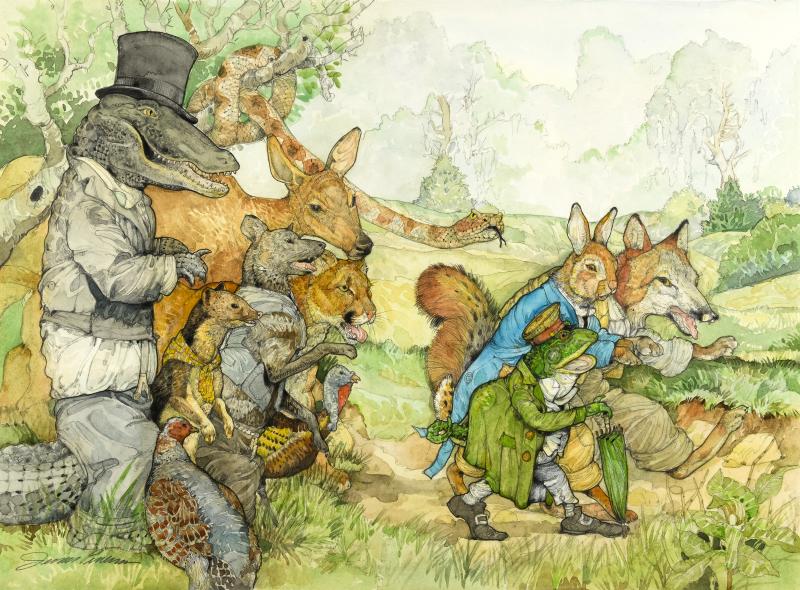 Illustration of animals in woods.